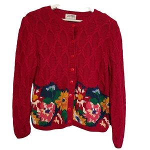 Vintage Susan Bristol Knit by hand Red Floral Cardigan Large EUC Cotton blend
